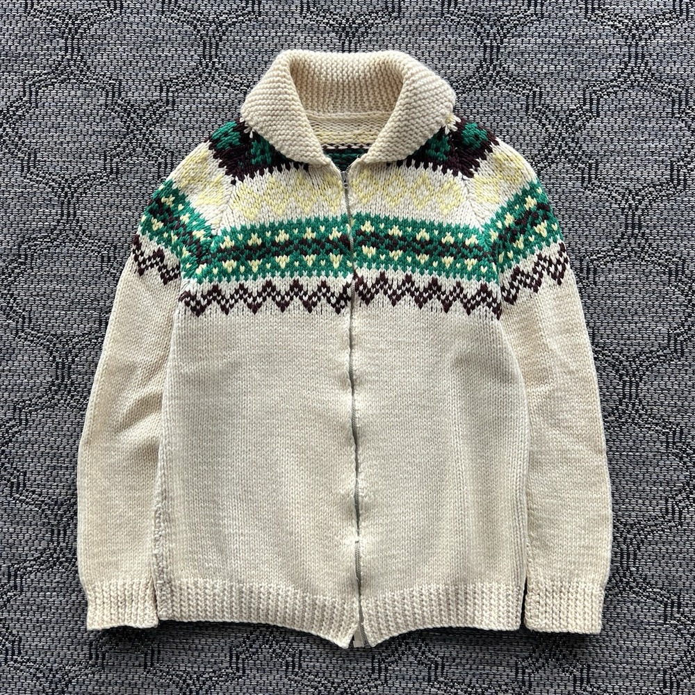 Vintage Cowichan Size Large Cream Wool Tribal Cowl Neck Sweater 60s